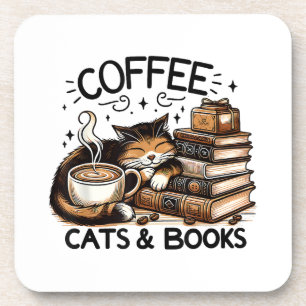 Funny Cute Coffee Cats Books Lover Gift Idea Women Coaster