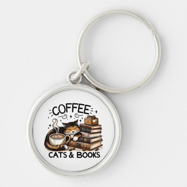 Funny Cute Coffee Cats Books Lover Gift Idea Women Key Ring (Front)