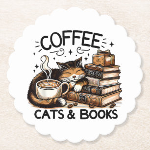 Funny Cute Coffee Cats Books Lover Gift Idea Women Paper Coaster