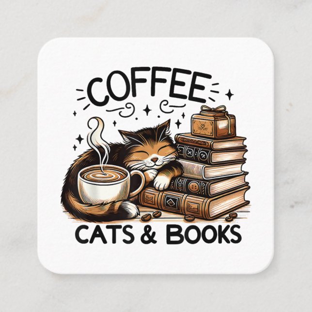 Funny Cute Coffee Cats Books Lover Gift Idea Women Square Business Card (Front)