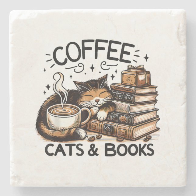 Funny Cute Coffee Cats Books Lover Gift Idea Women Stone Coaster (Front)