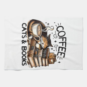 Funny Cute Coffee Cats Books Lover Gift Idea Women Tea Towel