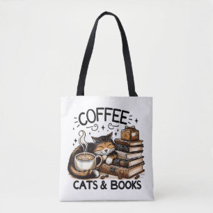 Funny Cute Coffee Cats Books Lover Gift Idea Women Tote Bag