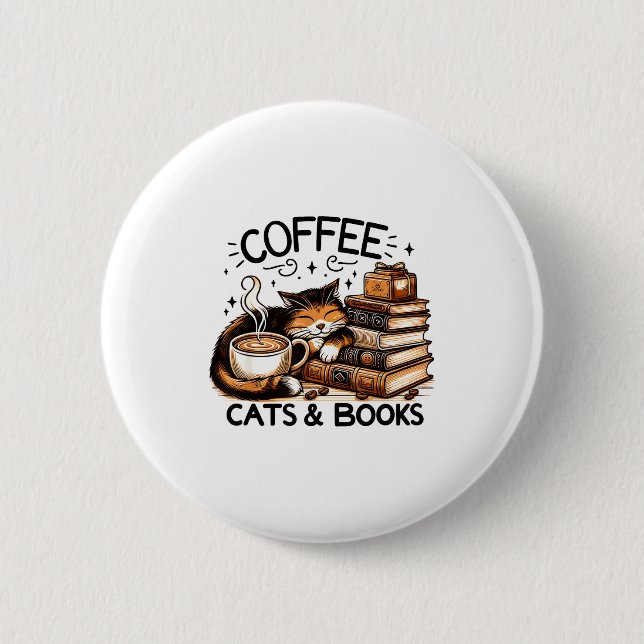 Funny Cute Coffee Cats Books Lover Women Men Kids  6 Cm Round Badge (Front)