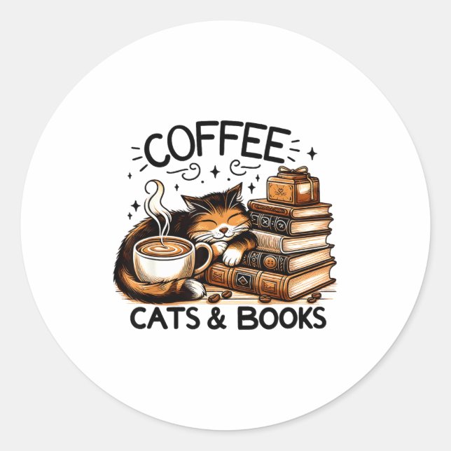 Funny Cute Coffee Cats Books Lover Women Men Kids  Classic Round Sticker (Front)