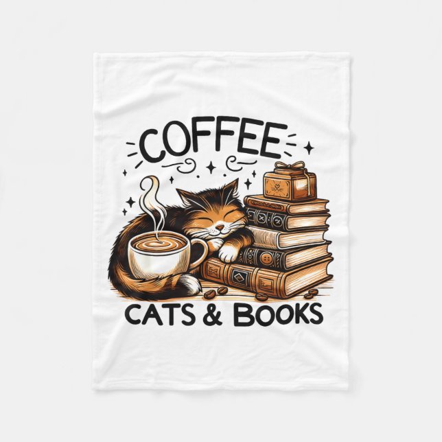 Funny Cute Coffee Cats Books Lover Women Men Kids  Fleece Blanket (Front)