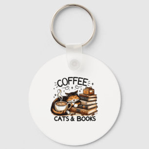 Funny Cute Coffee Cats Books Lover Women Men Kids  Key Ring