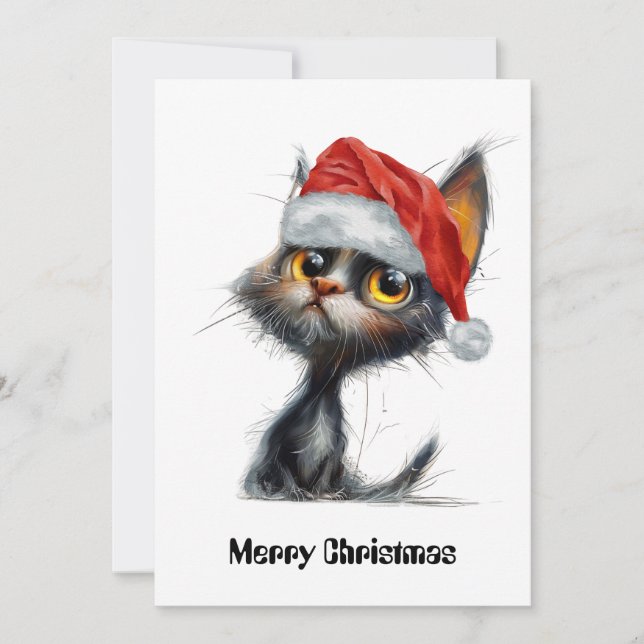 Funny Cute Comic Whimsical Cat Merry Christmas  Holiday Card (Front)