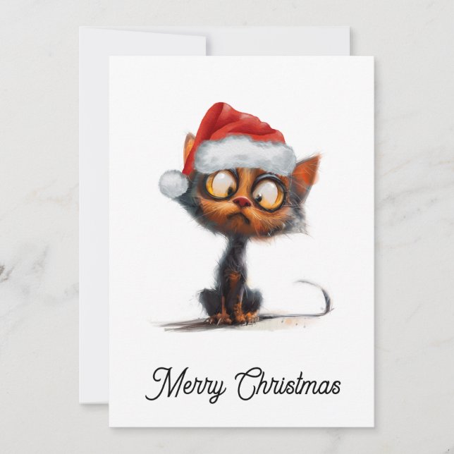 Funny Cute Comic Whimsical Cat Merry Christmas  Holiday Card (Front)