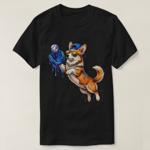 Funny Cute Corgi Playing Baseball Drip Dog  T-Shirt