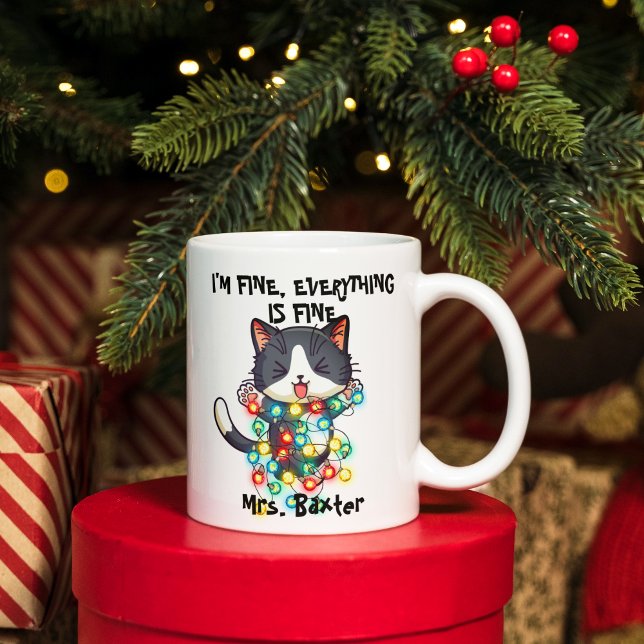 Funny Cute Crazy Cat I Am Fine Lights Teacher Name Coffee Mug (Creator Uploaded)