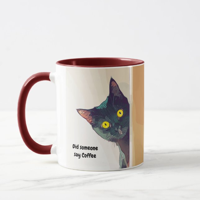 Funny cute Curious Cat illustrated Mug (Left)