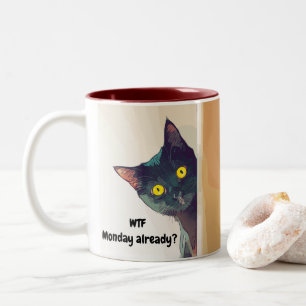 Funny cute Curious Cat illustrated Mug. Two-Tone Coffee Mug