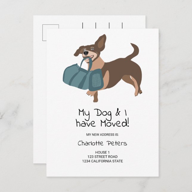 Funny cute dachshund dog illustration moving announcement postcard (Front/Back)