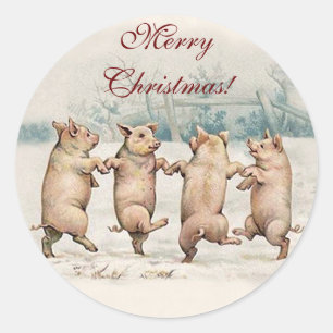 Funny Cute Dancing Pigs, Animals - Merry Christmas Classic Round Sticker
