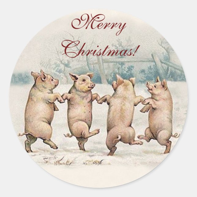 Funny Cute Dancing Pigs, Animals - Merry Christmas Classic Round Sticker (Front)
