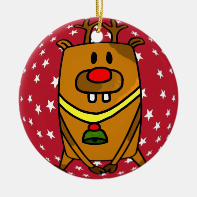 Funny Cute Deer Red Nose Stars Christmas Ceramic Tree Decoration (Front)