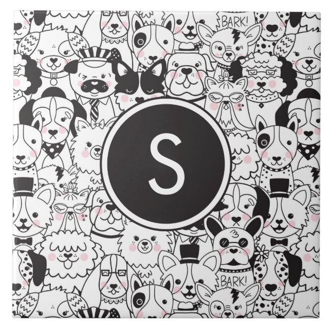 Funny Cute Dog Breeds Black and White Personalised Tile (Front)