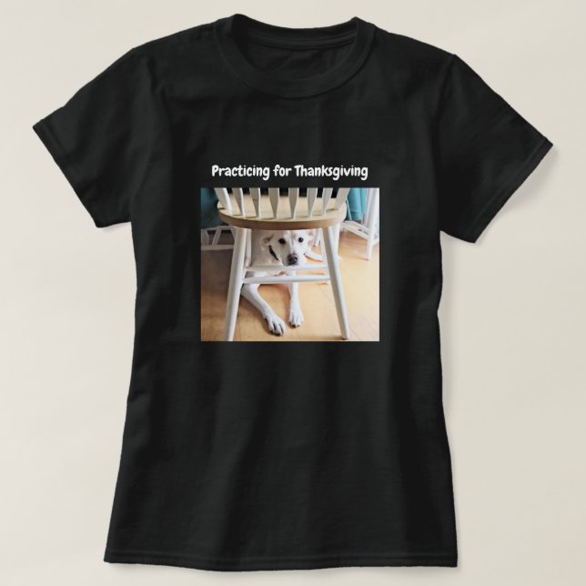 Funny Cute Dog Under Table Thanksgiving Black      T-Shirt (Design Front)
