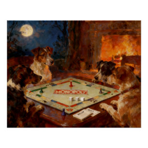 Funny Cute Dogs Playing A Board Game Poster
