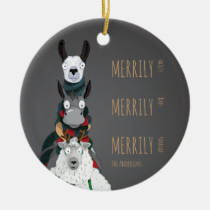 Funny Cute Donkey, Llama & Sheep Grey Ceramic Tree Decoration