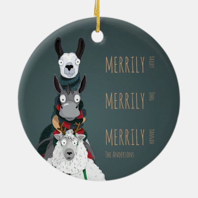 Funny Cute Donkey, Llama & Sheep Turquoise Ceramic Tree Decoration (Back)