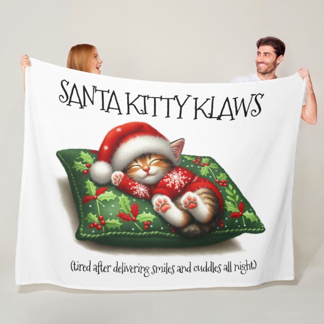 Funny Cute Dreaming Santa Kitty Klaws Fleece Blanket (In Situ)
