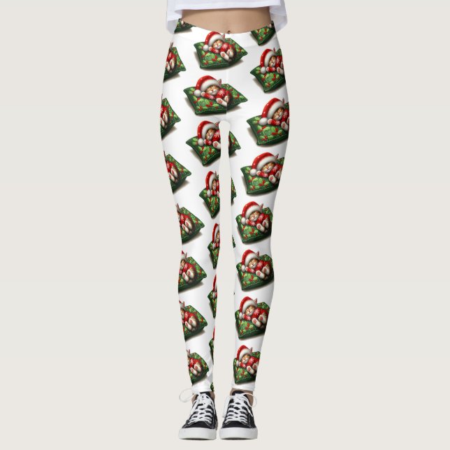 Funny Cute Dreaming Santa Kitty Klaws Leggings (Front)