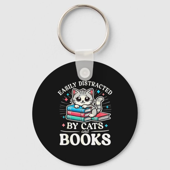 Funny Cute Easily Distracted By Cats And Books  Key Ring (Front)