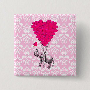 Funny cute elephant & pink damask 15 cm square badge