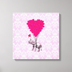 Funny cute elephant & pink damask canvas print