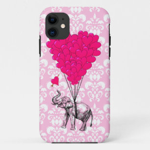 Funny cute elephant & pink damask iPhone 11 case