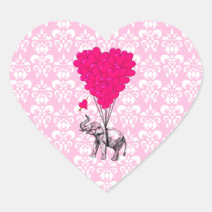 Funny cute elephant & pink damask heart sticker