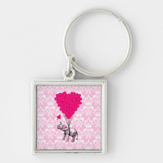 Funny cute elephant & pink damask key ring (Front)