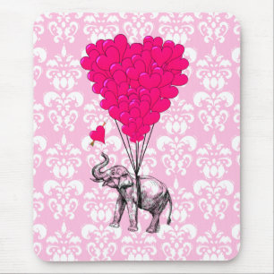 Funny cute elephant & pink damask mouse mat