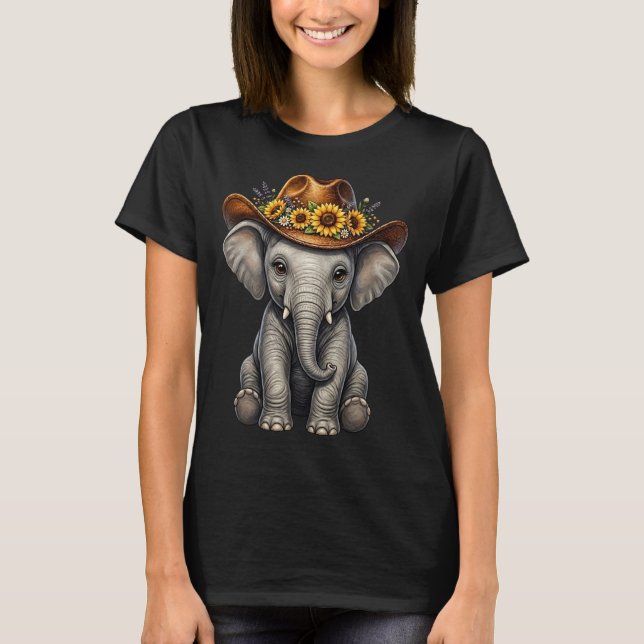 Funny Cute Elephant Sunflower Cowboy Hat Western  T-Shirt (Front)