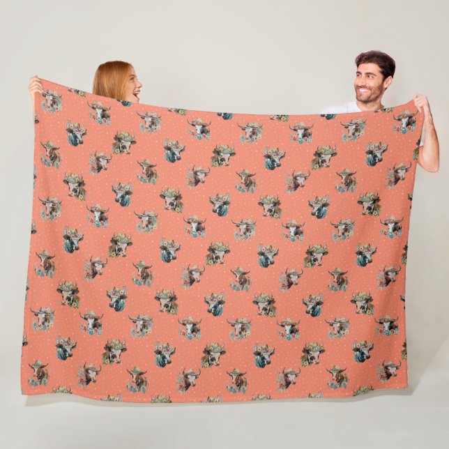 Funny Cute Floral Cows Wearing Hats Pattern Salmon Fleece Blanket (In Situ)