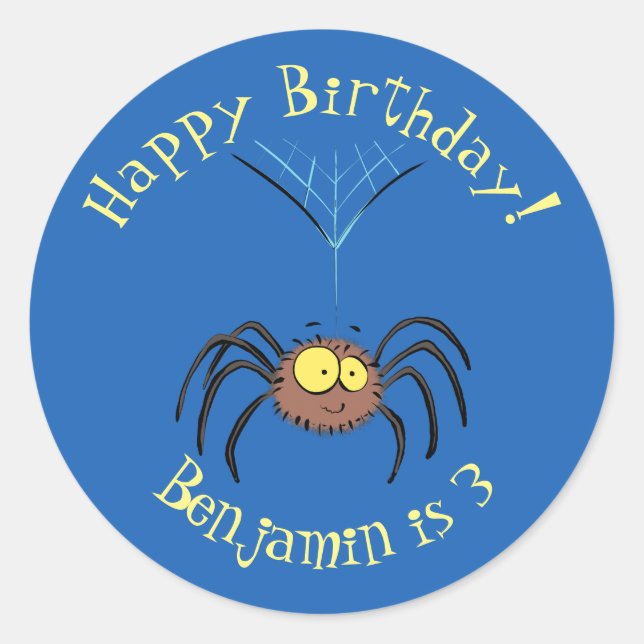 Funny cute fluffy spider cartoon classic round sticker (Front)