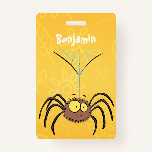 Funny cute fluffy spider cartoon ID badge (Front)