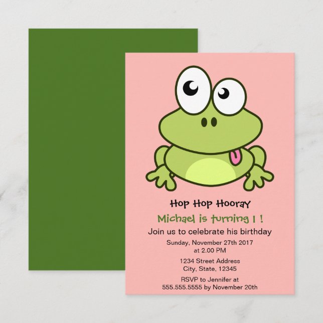 Funny cute frog cartoon kids birthday party invitation (Front/Back)