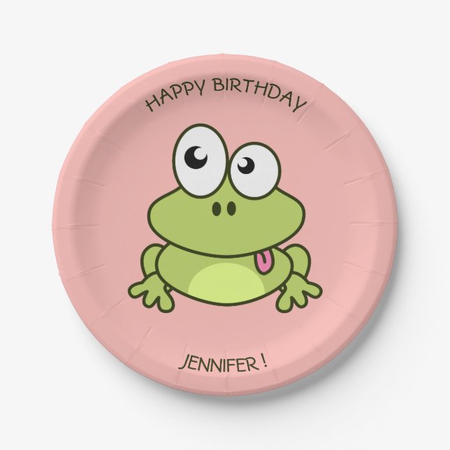 Funny cute frog cartoon pink kids name birthday paper plate (Front)