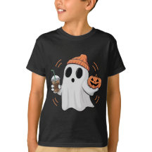 Funny Cute Ghost with Pumpkin & Iced Coffee Hallow