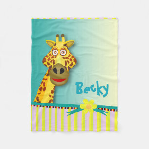 Funny Cute Giraffe   yellow teal Fleece Blanket