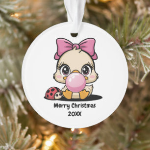 Funny Cute Girl Duck & Pink Bubble,Kids Christmas Ornament
