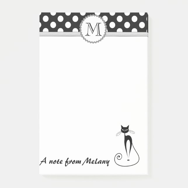 Funny cute girly black cat polka dots monogram post-it notes (Front)