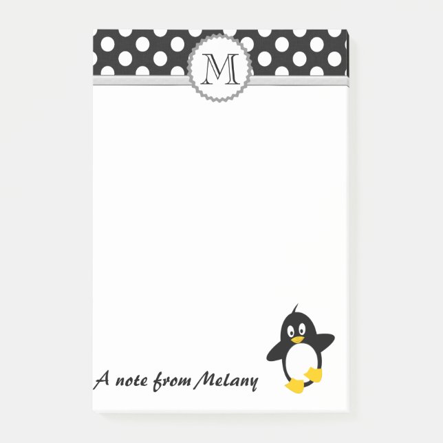 Funny cute girly penguin polka dots monogram post-it notes (Front)