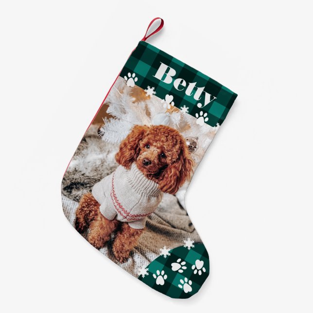 Funny cute green dog pet photo Christmas plaid Small Christmas Stocking (Front (Hanging))