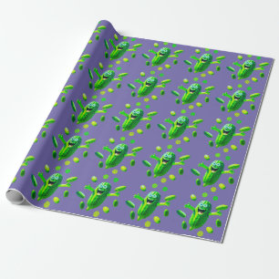 Funny Cute Green Pickleman on Purple Background Wrapping Paper