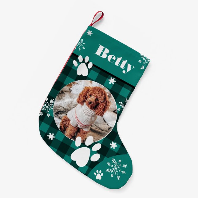 Funny cute green plaid dog pet photo Christmas Small Christmas Stocking (Front (Hanging))