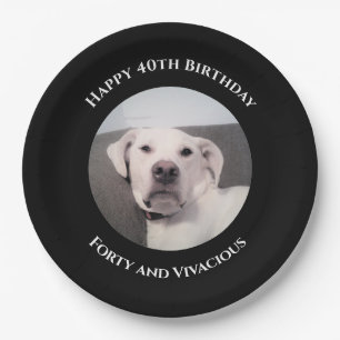 Funny Cute Grumpy White Dog 40th Birthday Black Paper Plate